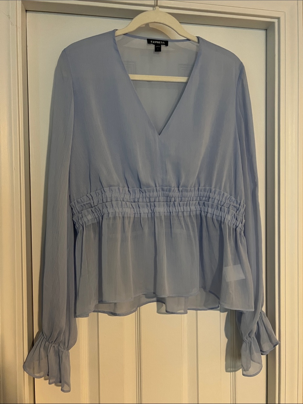 Express Light Blue V-Neck Smocked Waist Peplum Blouse